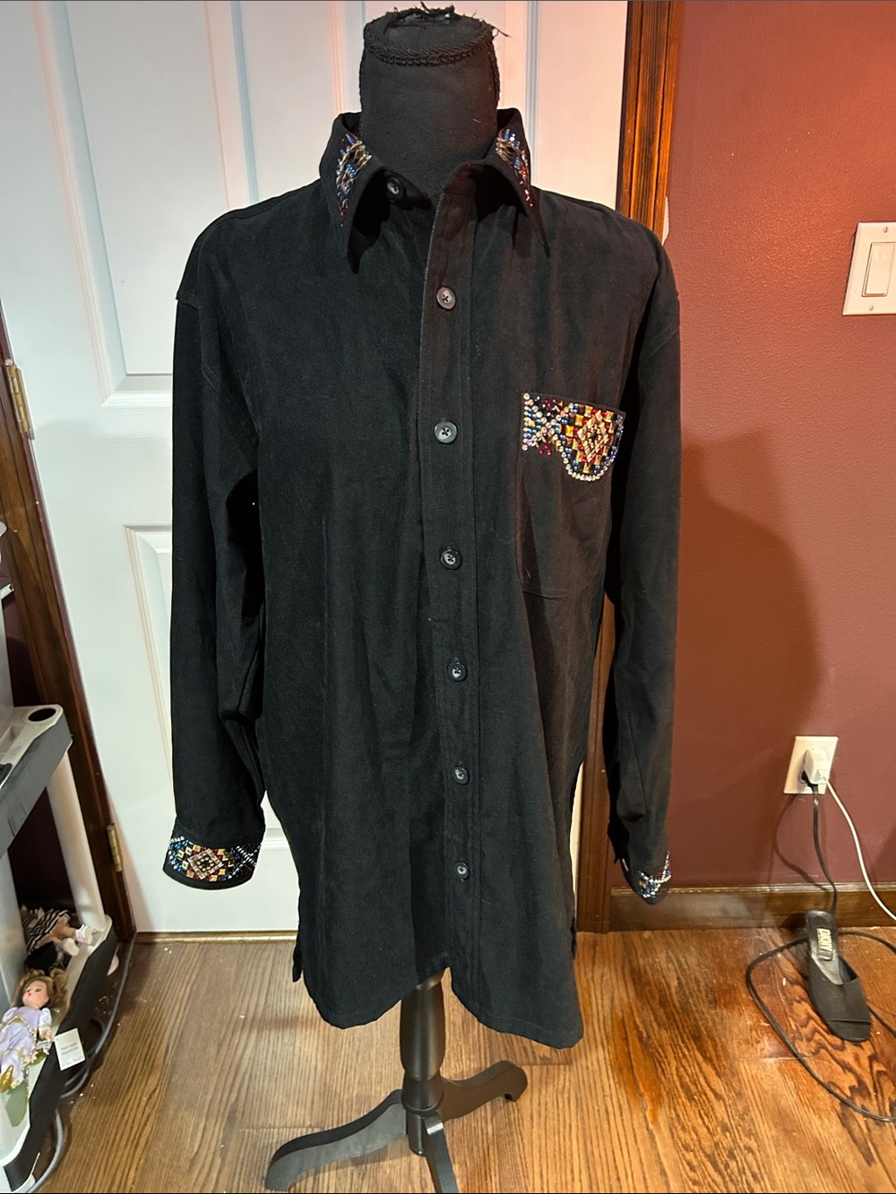 Christine Alexander Black Button-Down Shirt with Multicolor Beaded Trim 14